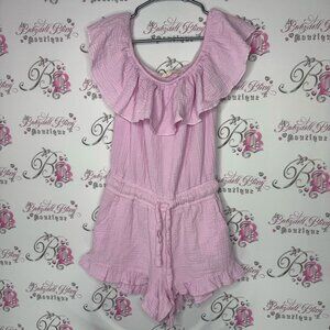Ocean drive romper shorts off shoulder pink ruffle frilly waist tie up frills